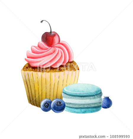 Cupcake with whipped cream and cherry, blue teal macaroons and blueberries watercolor illustration isolated on white background. Delicious colorful dessert food for celebrations and events Cupcake with whipped cream and cherry, blue teal macaroons and blueberries watercolor illustration isolated on white background. Delicious colorful dessert food for celebrations and events 108599593