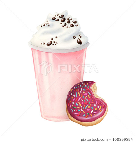 Strawberry milkshake with whipped cream, chocolate chips and red glazed donut with sprinkles watercolor illustration isolated on white background. Cold summer drink and sweet delicious dessert 108599594