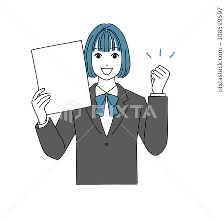 一名女學生擺出勇敢的姿勢並展示一張白紙 一名女學生擺出勇敢的姿勢並展示一張白紙 108599597