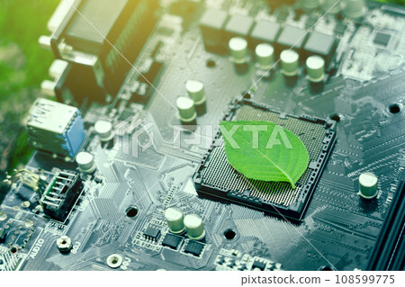 Green leaves inside a computer circuit board green technology and environmental technology Nature combined with digital technology. Green leaves inside a computer circuit board green technology and environmental technology Nature combined with digital technology. 108599775