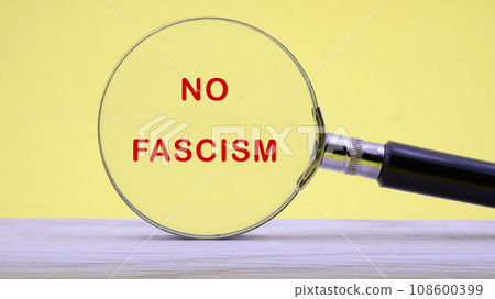 Phrase NO FASCISM lettering on through a magnifying glass on a light background Phrase NO FASCISM lettering on through a magnifying glass on a light background 108600399