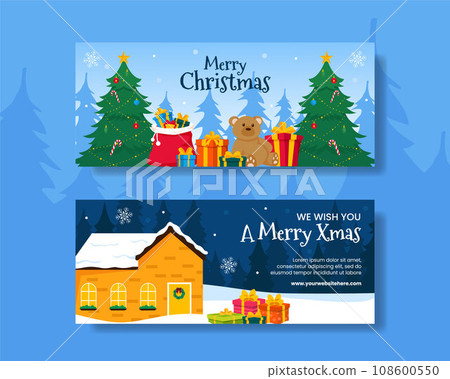 Merry Christmas Horizontal Banner Illustration Flat Cartoon Hand Drawn Templates Background 108600550
