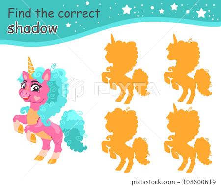 Find correct shadow funny curly mane pink unicorn vector Find correct shadow funny curly mane pink unicorn vector 108600619