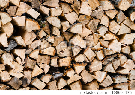 Chopped firewood is stacked vertically in a container. Texture with a background of chopped firewood in brown color. 108601176