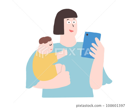 一名婦女抱著嬰兒看著智慧型手機的插圖 108601397