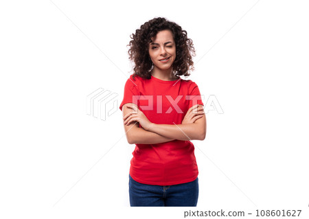 corporate clothing concept. young smiling curly brunette woman in red t-shirt on white background 108601627