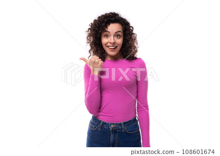 young smiling leader woman with curly black hair on white background with copy space young smiling leader woman with curly black hair on white background with copy space 108601674