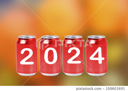 2024, Red soda cans with the number 2024 on orange background. Happy New Year 2024, Red soda cans with the number 2024 on orange background. Happy New Year 108601691