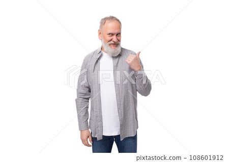 charming stylish mature man with white beard and mustache dressed in casual comfortable shirt 108601912