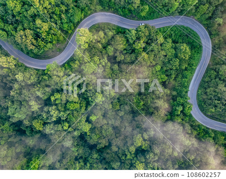Aerial top view of green forest and highway road. Drone view of green trees and morning fog. Green trees background for carbon neutrality and net zero emissions concept. Sustainable green environment. Aerial top view of green forest and highway road. Drone view of green trees and morning fog. Green trees background for carbon neutrality and net zero emissions concept. Sustainable green environment. 108602257