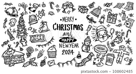 cute cartoon hand drawn collection of doodle Christmas ornament hand drawn set for Christmas holiday and new year eve 2024 party celebration with dessert, gift, Christmas tree decoration, Santa Claus cute cartoon hand drawn collection of doodle Christmas ornament hand drawn set for Christmas holiday and new year eve 2024 party celebration with dessert, gift, Christmas tree decoration, Santa Claus 108602485