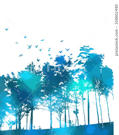 Blue forest landscape with birds. Watercolor trees. hand drawing. Not AI. Vector illustration Blue forest landscape with birds. Watercolor trees. hand drawing. Not AI. Vector illustration 108602490