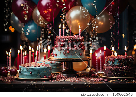 birthday cakes with candles and balloons in the background for an article about how to make your own party special 108602546