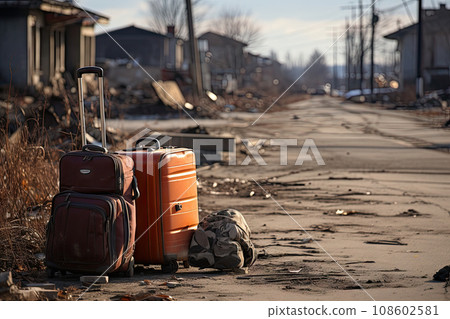 two pieces of luggage sitting on the ground in front of an old building with debris all over it and buildings behind 108602581