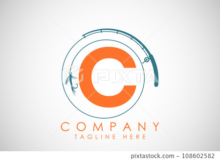 Initial alphabet with fishing rod and hook. Fishing logo concept vector illustration.  108602582