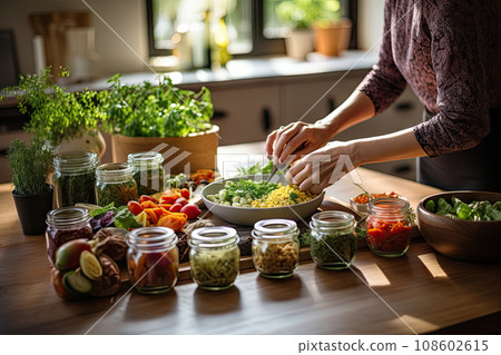 a person preparing food on a table with jars and containers in the photo is blured by the woman's hands a person preparing food on a table with jars and containers in the photo is blured by the woman's hands 108602615