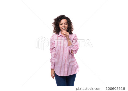 young authentic caucasian leader woman in pink striped shirt isolated white studio background young authentic caucasian leader woman in pink striped shirt isolated white studio background 108602616