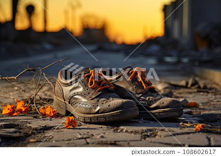 an old pair of shoes laying on the ground in front of a cityscaing area with buildings in the background an old pair of shoes laying on the ground in front of a cityscaing area with buildings in the background 108602617