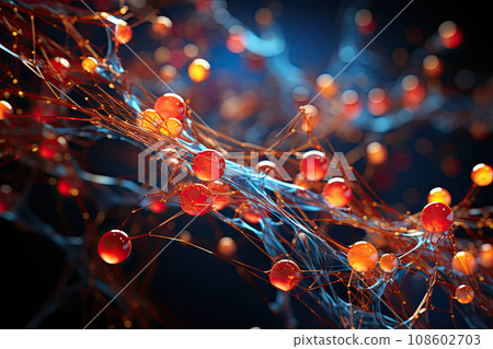 some red and orange spheres on a black background with bright lights in the background is an image of many different colored spheres 108602703