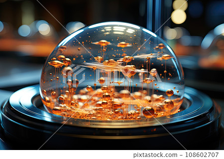 a snow globe with orange liquid flowing from the top to the bottom, in front of a city at night time 108602707
