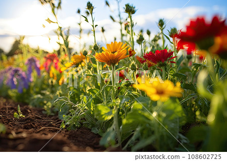 some colorful flowers in the grass with blue sky and clouds in the background on a sunny day at an urban park some colorful flowers in the grass with blue sky and clouds in the background on a sunny day at an urban park 108602725