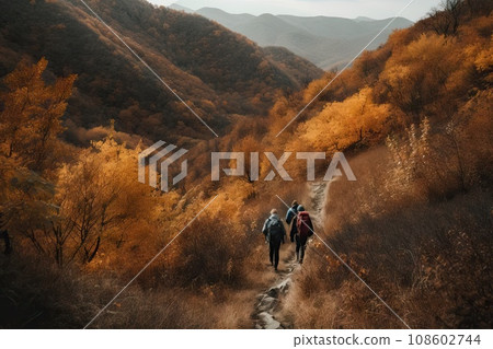 two people walking on a trail in the mountains with golden trees and foggyuuuuuuuuuuuuuuuuuuuuuuuuuuuuuuuuuuuu 108602744