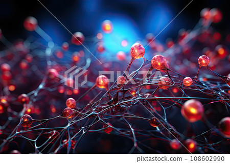 neurons, with red and blue lights in the middle one is surrounded by small white spheres that are connected to each other cells neurons, with red and blue lights in the middle one is surrounded by small white spheres that are connected to each other cells 108602990