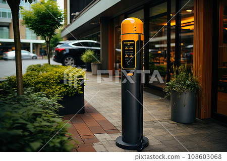 a parking meter on the side of the street in front of a building with plants and bushes growing along it 108603068