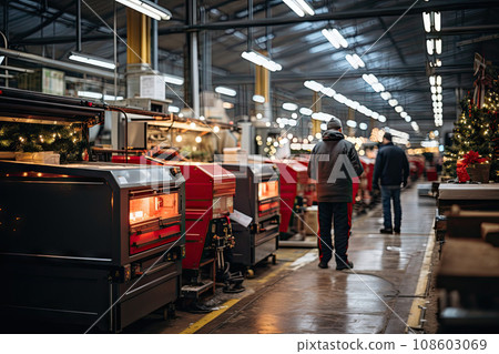 people walking through an indoor market with christmas decorations on the floor and lights hanging from above them in the ceiling 108603069