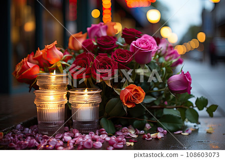 some flowers and candles on the ground with blurry lights in the background, as if they are still there some flowers and candles on the ground with blurry lights in the background, as if they are still there 108603073