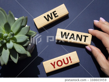 We want You symbol. Wooden blocks with words We want you. Beautiful deep blue background with succulent plant. Businessman hand. Business and We want You concept. Copy space 108603459