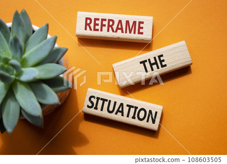 Reframe the situation symbol. Concept words Reframe the situation on wooden blocks. Beautiful orange background with succulent plant. Business concept. Copy space. Reframe the situation symbol. Concept words Reframe the situation on wooden blocks. Beautiful orange background with succulent plant. Business concept. Copy space. 108603505