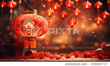 Red paper lanterns in traditional Asian style, dark background. Chinese Lantern Festival. New Year abstract background 108603717