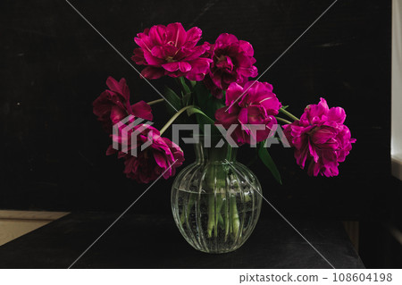 bouquet of dark red lilac tulips in glass vase on dark background. flower bouquet in vase on table 108604198