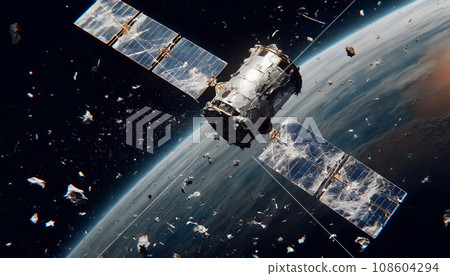 AI-generated image of an artificial satellite destroyed by space debris 108604294