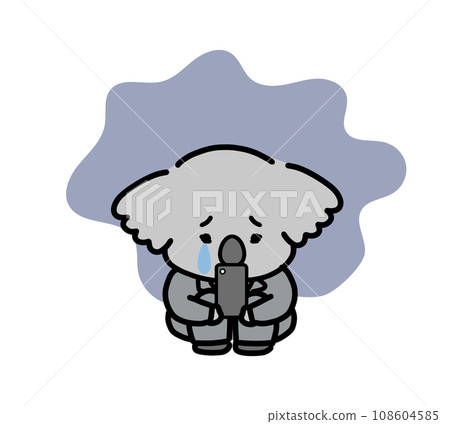 A koala character looks depressed after looking at his smartphone. A koala character looks depressed after looking at his smartphone. 108604585