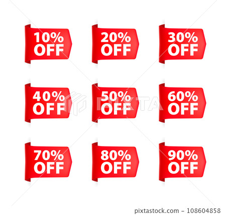 Set of Red Discount Tags with Different Sale Percentages for Retail Promotion. Vector stock illustration 108604858