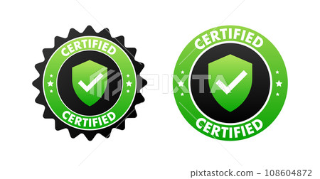 Green and Black Certified Quality Badges with Checkmark Vector Illustration for Security and Authenticity Green and Black Certified Quality Badges with Checkmark Vector Illustration for Security and Authenticity 108604872