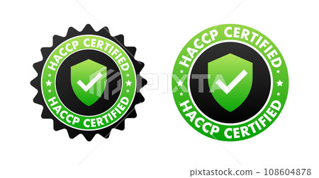 HACCP Certified Badges with Green Checkmark for Food Safety. Vector stock illustration HACCP Certified Badges with Green Checkmark for Food Safety. Vector stock illustration 108604878