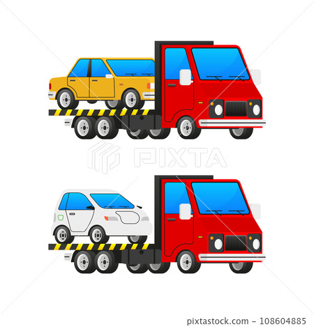 Red Flatbed Tow Truck Transporting Yellow and White Cars. Vector stock illustration 108604885