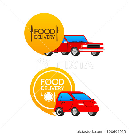 Red Sedan and Hatchback Cars for Fast Food Delivery Service. Vector stock illustration 108604913