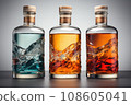Whiskey bottles with blank label on wooden table. AI generated 108605041