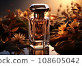 Floral perfume bottle, modern luxury lady perfume on dark background. AI generated 108605042