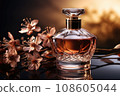 Floral perfume bottle, modern luxury lady perfume on dark background. AI generated 108605044