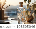 Whiskey bottles with blank label on wooden table. AI generated 108605046