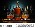 Whiskey bottles with blank label on wooden table. AI generated 108605058