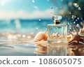 Transparent bottle of perfume with starfish and sea shells on blue water texture. AI generated 108605075