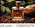 Elegant essential oil bottle with cinnamon sticks, anise, coffee and dry twigs on dark background. AI generated 108605078