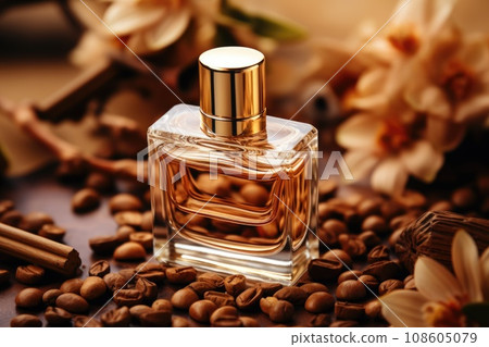 Elegant essential oil bottle with cinnamon sticks, anise, coffee and dry twigs on dark background. AI generated 108605079