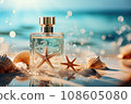 Transparent bottle of perfume with starfish and sea shells on blue water texture. AI generated 108605080